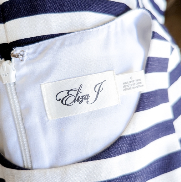 ELIZA J Navy Blue & White Stripe Tasseled Sleeveless Sheath Dress Size 6 - Picture 6 of 11